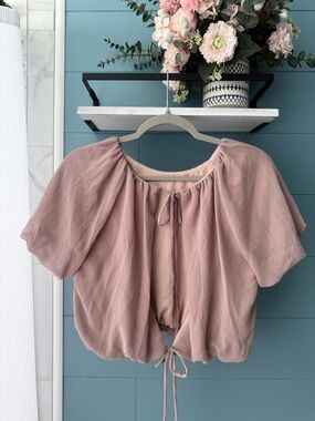 HYFVE Blush Pink Puff Sleeve Crop Top Tie Back Romantic Boho - Size Medium